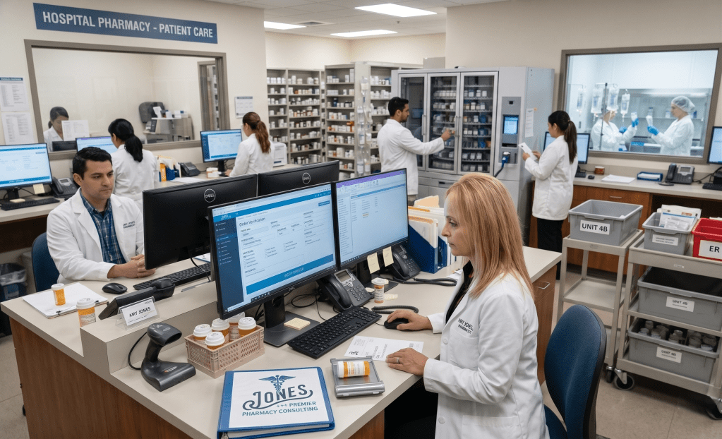 A hospital pharmacy scene with several pharmacists working at computers and preparing medications. The environment is organized and features shelves of medication, with a focus on patient care.