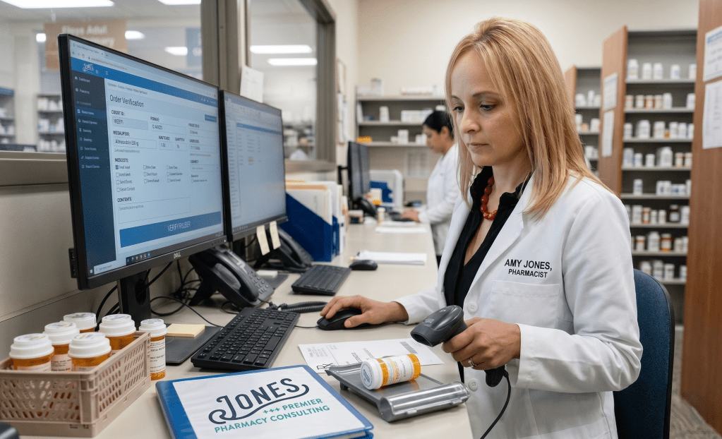 A pharmacist working at a computer station, scanning a prescription bottle while reviewing an order on the screen. Another pharmacist can be seen in the background, with pharmacy shelves filled with medication in the background.